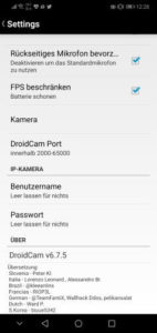 Android App DroidCam - Einstellungen
