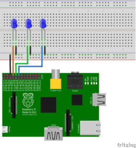 Aufbau der Schaltung für das wechselblinken von 3 LEDs am Raspberry PI.