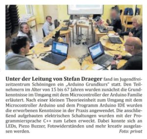 Zeitungsartikel aus der Helmstedter Sonntag vom 20.10.2019 zum Arduino Grundkurs im JFZ Schöningen