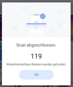 Dialog "Scan abgeschlossen" in der Android App "MobiSaver"