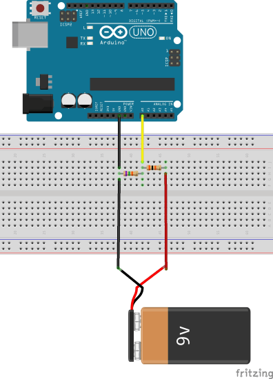Structure of the voltage divider circuit on the breadboard