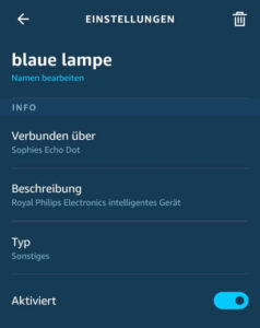 Alexa App - Gerät "blaue lampe"
