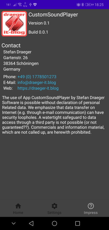 Seite - "Impress" der Android App "CustomSoundPlayer"