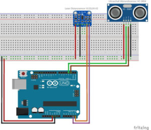 Aufbau der Schaltung HC-SR04 & VL53LXX-V2 am Arduino UNO