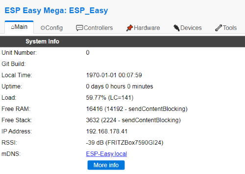 Seite zum konfigurieren der Anwendung ESP Easy auf dem Microcontroller