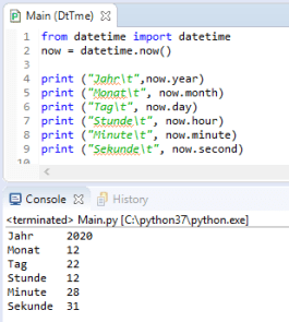 Python3 - Modul "datetime" ausgeben der Felder eines Zeitstempels