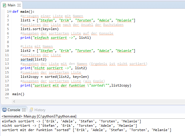 Python3 - sortieren einer Liste mit der Funktion "sorted"