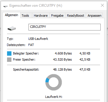Eigenschaften des Laufwerks "CIRCUITPY" unter Windows 10