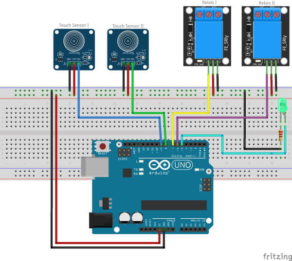 Aufbau der Schaltung "Arduino UNO mit Touch Sensor und Relaisshield"