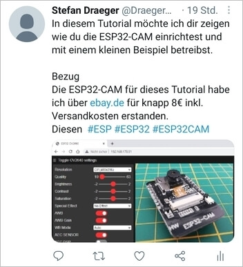 Beitrag auf Twitter zur ESP32-CAM
