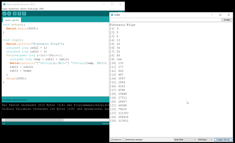 Programm für die Fibonacci-Folge in der Arduino IDE