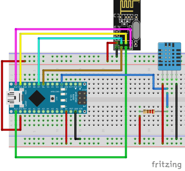 Schaltung - Arduino Nano mit DHT11 Sensor un nRF24L01 Modul