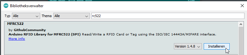 Installieren der Bibliothek MFR522 zur Programmierung des RFID Moduls RC522