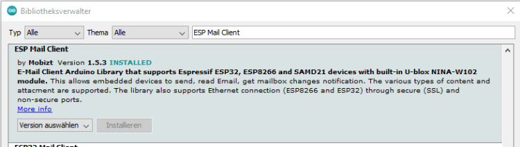 Bibliothek "ESP Mail Client" von Mobizt im Bibliothekverwalter der Arduino IDE