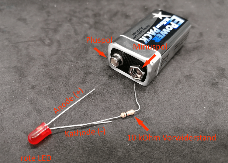 Anschluß der LED & Vorwiderstand an einer 9V Blockbatterie