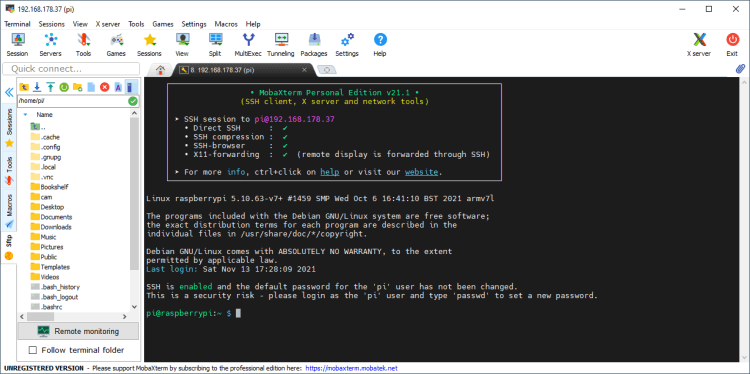 MobaXTerm mit aktiver SSH Verbindung zum Raspi Pi Zero 2 W
