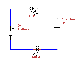 Reihenschaltung - zwei LEDs, Vorwiderstand an 9V Blockbatterie