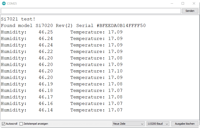 Ausgabe auf der Temperatur & rel. Luftfeuchtigkeit vom Sensor Si7021
