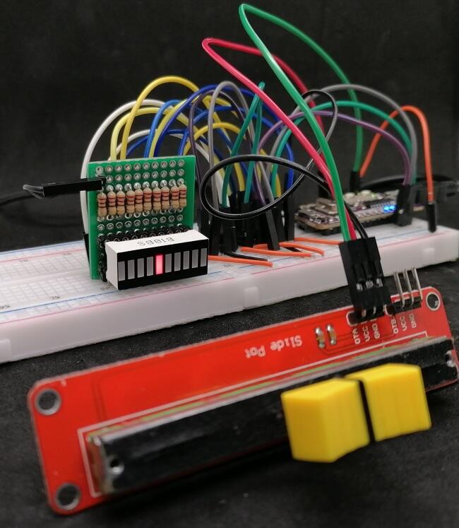 Schiebepoti zum steuern der 10fach LED Bargraph Anzeige am Maker Nano