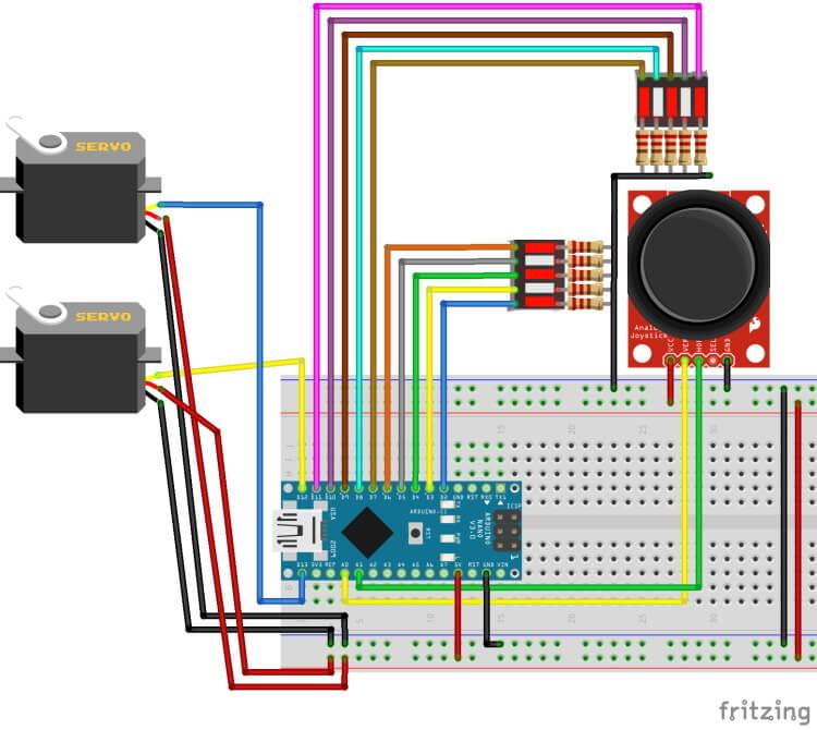 Schaltung - LED Balkenanzeige, Joystick & Servomotoren am Arduino Nano
