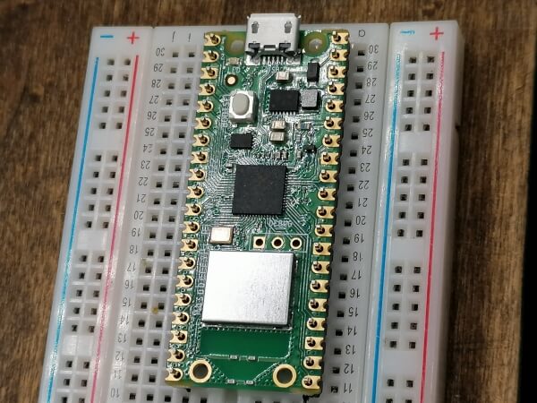Raspberry Pi Pico W on breadboard with pin headers