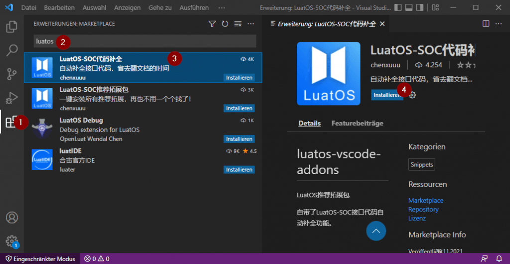 Installieren der Erweiterung "LuatOS" in Visual Studio Code