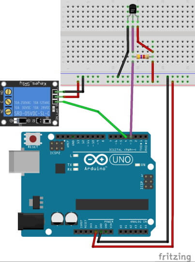 Schaltung - Arduino UNO R3 mit Temperatursensor DS18B20 und einfach Relaisplatine