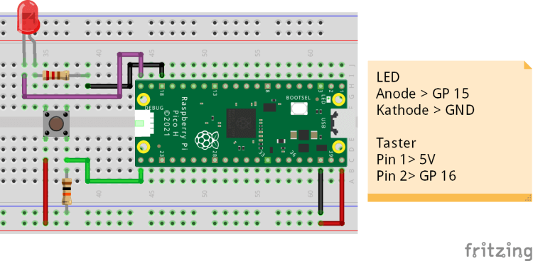 Aufbau der Schaltung - Taster & LED am Raspberry Pi Pico W