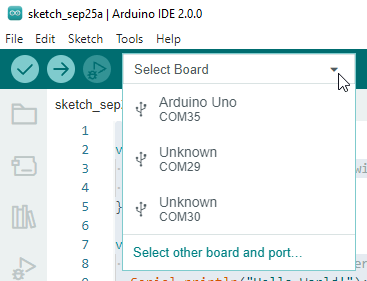 select board Arduino UNO in Arduino IDE 2.0