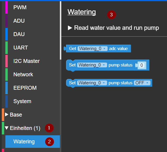 UI Flow Kontrollelemente für UNIT Watering