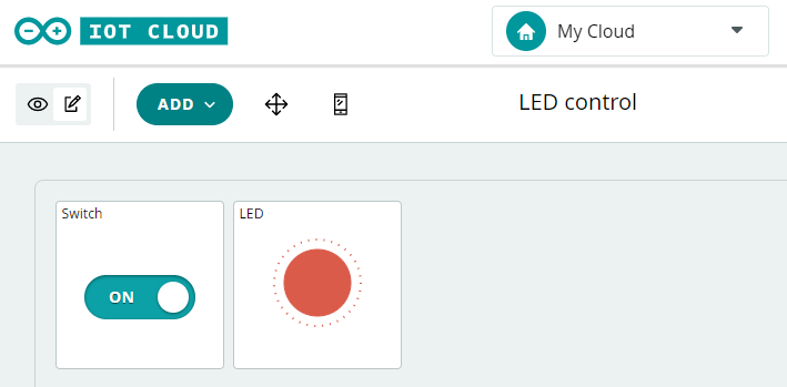 fertiges Dashboard zum steuern einer LED per Schalter am Wemos in der Arduino Cloud