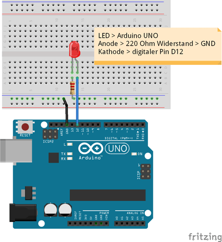 Anschluss einer LED mit Vorwiderstand an einen Arduino UNO