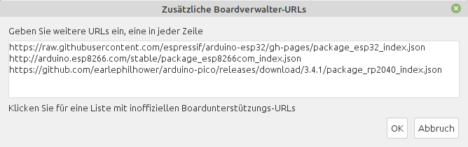 Dialog "Zusätzliche Boardverwalter-URLs" in der Arduino IDE
