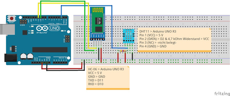 Schaltung - Arduino UNO R3 mit Bluetooth Modul HC-06 und DHT11 Sensor