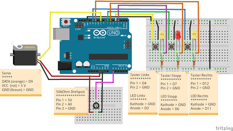 Schaltung - Arduino UNO mit Servomotor, Taster & Drehpotentiometer