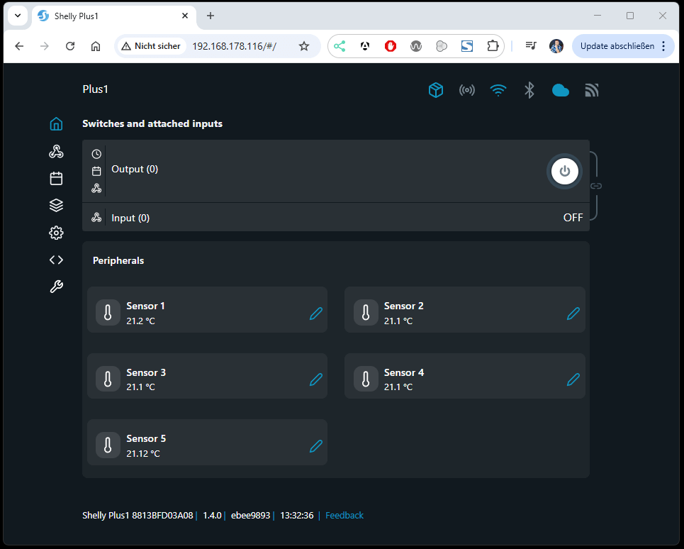 Shelly Plus 1 - Webfrontend mit 5 DS18B20 Sensoren über AddOn
