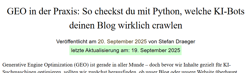 Zeitstempel der letzten Aktualisierung des Beitrages im Titelbereich