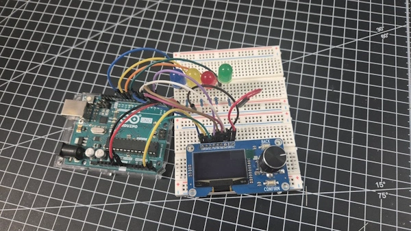 Schaltung - Arduino mit OLED Display und Rotary Encoder Modul und LEDs auf Breadboard