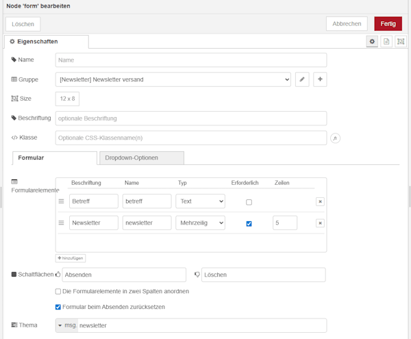 Konfiguration des Formulars für das Template des Newsletters