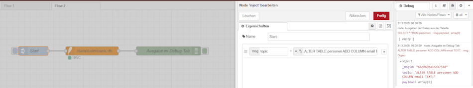 Node-RED - Flow zum ändern der Tabelle in der SQLite Datenbank