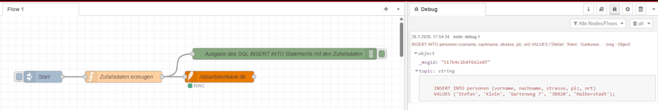Node-RED Flow zum speichern von Daten in der SQLite Datenbank