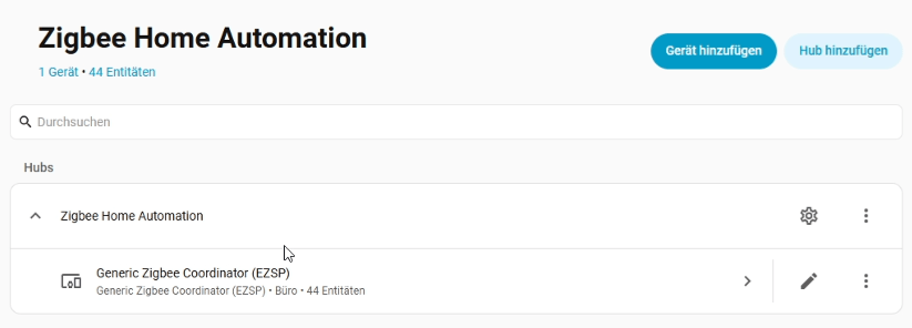Home Assistant - eingerichteter ZigBee Koordinator