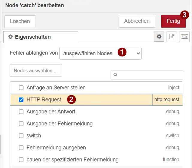 Einstellungen einer Node-RED Catch-Node, die gezielt auf Fehler der HTTP-Request-Node begrenzt ist.