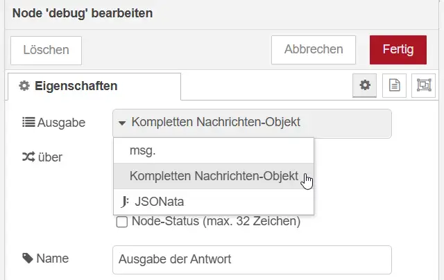Einstellungen einer Node-RED Debug-Node, die so konfiguriert ist, dass die gesamte Nachricht statt nur msg.payload angezeigt wird.