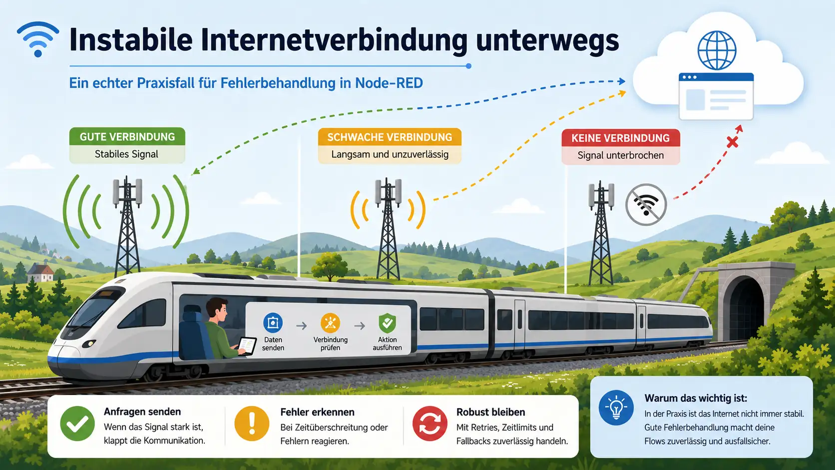 Schaubild zu instabiler Internetverbindung unterwegs mit wechselnder Signalstärke und dem Bezug zur Fehlerbehandlung in Node-RED.