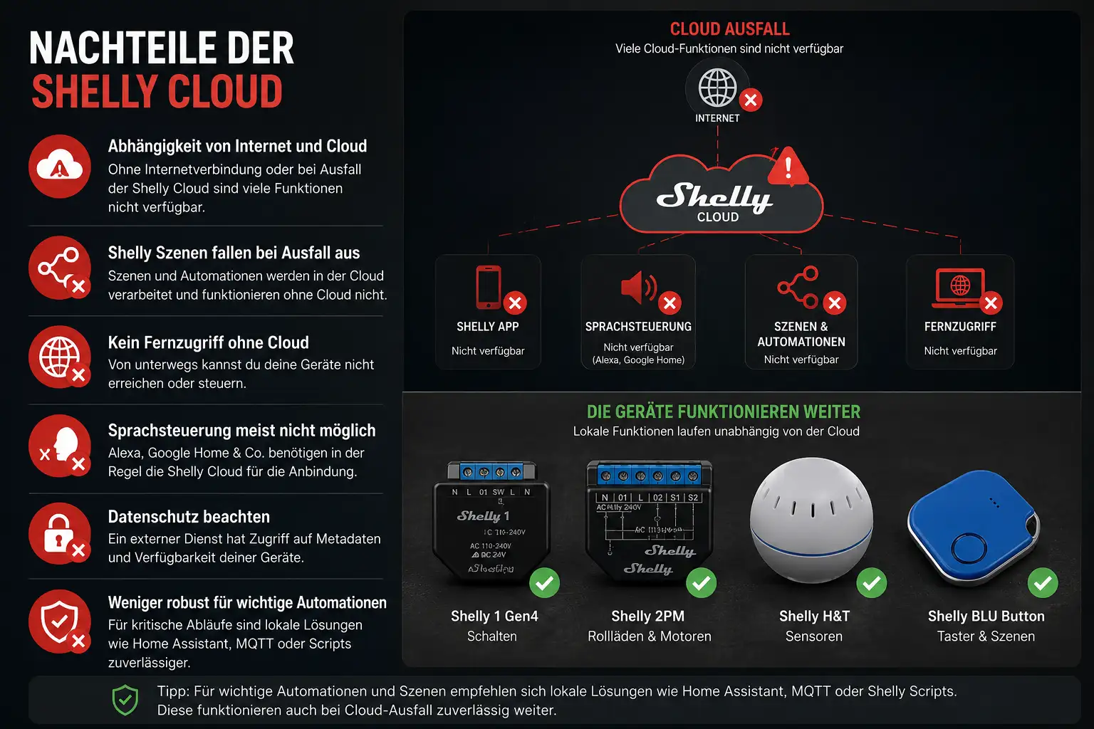 Infografik zu den Nachteilen der Shelly Cloud mit Cloud-Ausfall, Fernzugriff, Sprachsteuerung, Szenen sowie lokal weiter funktionierenden Shelly-Geräten