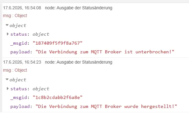 Debug-Ausgabe in Node-RED mit Meldungen zur unterbrochenen und wiederhergestellten Verbindung zum Mosquitto MQTT-Broker