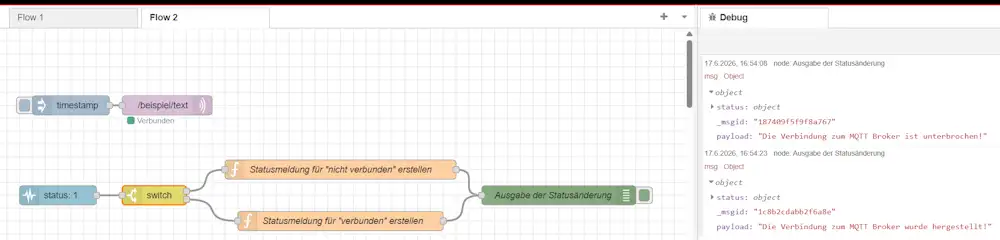Node-RED Flow mit Status-Node, Switch-Node, Function-Nodes und Debug-Ausgabe zur Überwachung einer MQTT-Verbindung