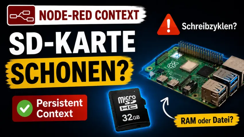 Thumbnail zu Node-RED Persistent Context und SD-Karte: Raspberry Pi, microSD-Karte und Hinweis auf Schreibzyklen sowie die Frage RAM oder Datei.