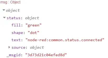 Debug-Ausgabe des Status-Objekts einer Node-RED Status-Node mit Angaben zu Text, Farbe, Form und auslösender Node